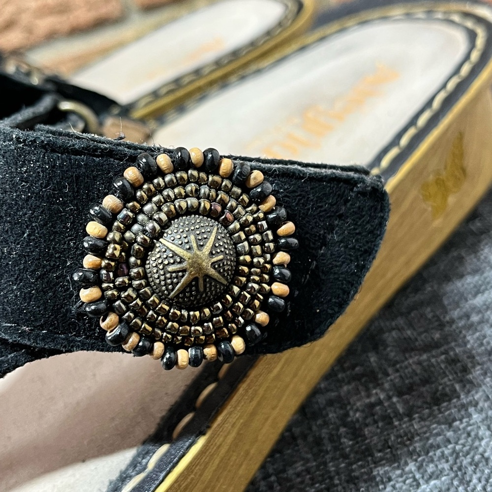 Alegria Carina Folkie Black Leather Sandals Starburst Comfort Slide Sz 38 8-8.5